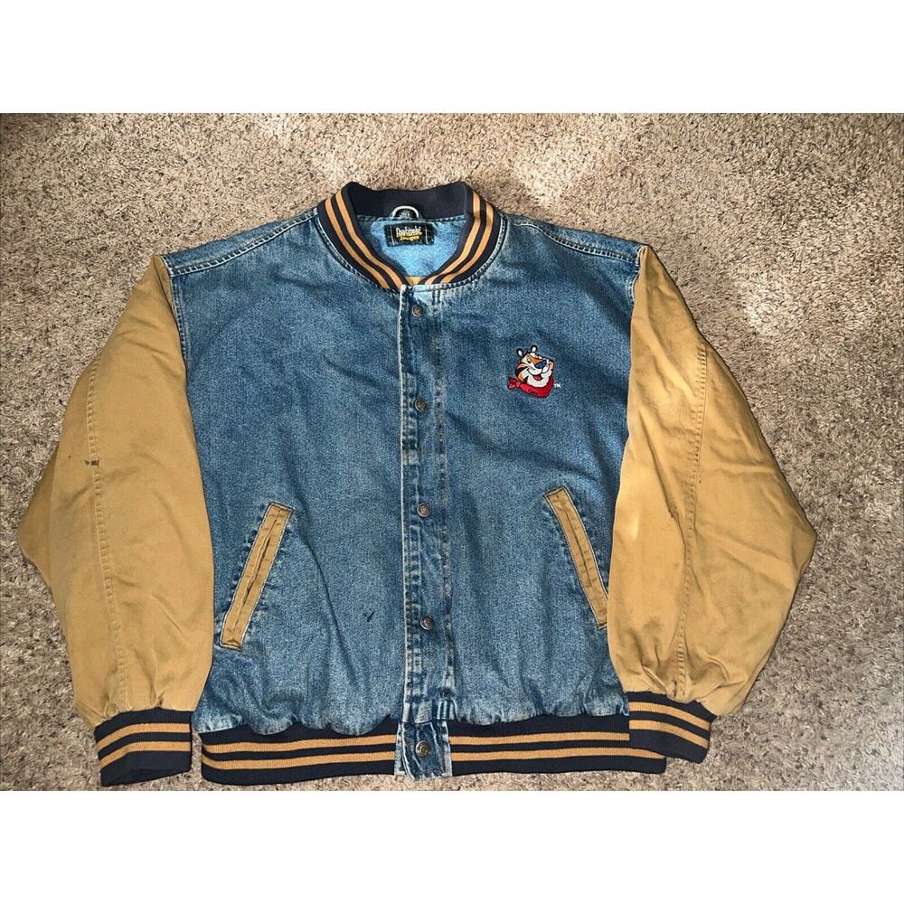 Vintage Tony The Tiger Kellogg's Snap Button Denim Bomber Jacket Size XL *READ*